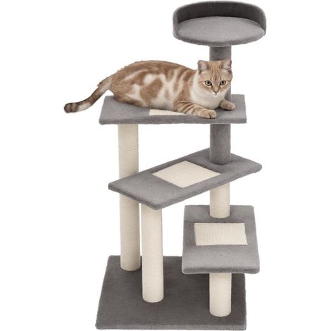 Pour 3 chats : tour arbre à chat 100 cm d'intérieur avec lit rond en peluche, griffoirs et 3 plateformes en sisal, gris (1/5)