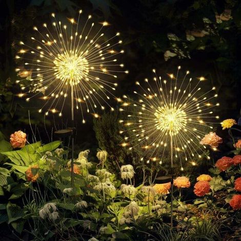 Outdoor Christmas Decorations, Set of 2 Solar Outdoor Garden Lights, 120 LED Solar Fireworks, Waterproof Solar Dandelion Lights for Yard, Lawn, Party, Patio, Wedding Decoration (Warm White) [Class (1/4)
