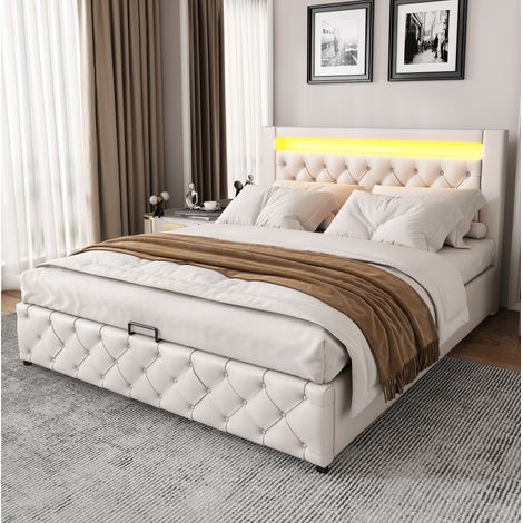 Lit coffre 140x190 cm - Lit double - Avec tête de lit avec LED - En PU - Blanc - Sans matelas (1/5)