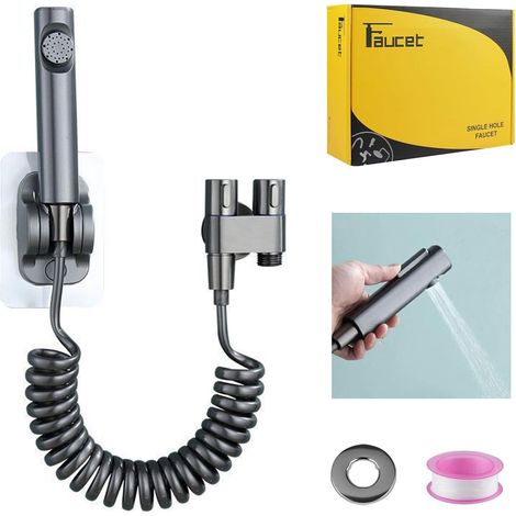 Pulvérisateur de bidet à main, 1 entrée, 2 sorties, robinet à double commande, pression d'eau réglable, sortie d'eau de 20 mm (gris) (1/5)