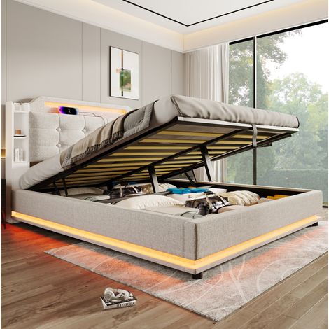 letto contenitore 140x200 LED USB lino beige HAVRYA (1/5)