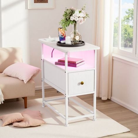 Beistelltisch - 60x30x62 cm - LED - Konsolentisch - Moderner Couchtisch mit Schublade - Nachttisch - Sofatisch - Weiß