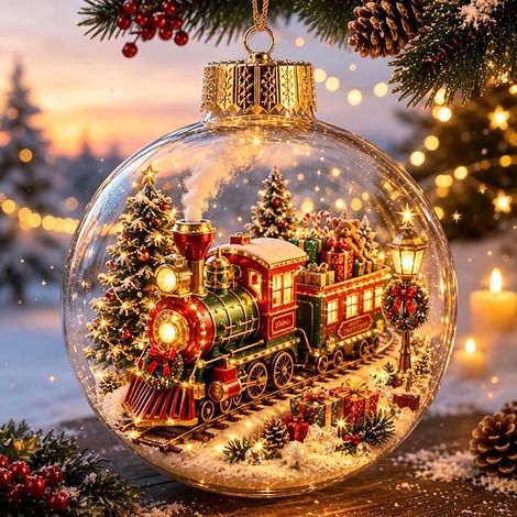 Boule de Noël Lumineuse LED, Décoration Suspendue avec Scène de Noël, Ornement Éclairé pour Sapin et Cheminée, Train (1/5)