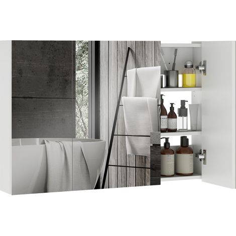 Armadietto Pensile Bagno con 3 Ante a Specchio e Ripiani Regolabili in Legno 90x13.5x60 cm, Bianco