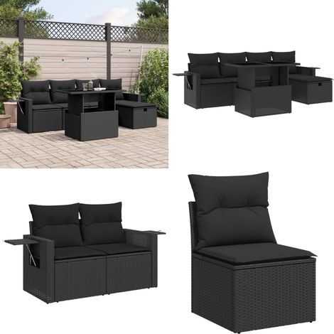 Salon de jardin 6 pcs avec coussins noir résine tressée - Ensemble Salon De Jardin - Mobilier De Jardin - Salon Extérieur - Table Basse Extensible - Chaise Longue - Home & Living (1/5)