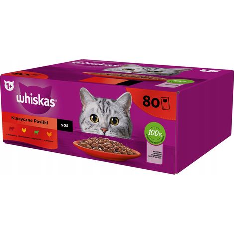 Whiskas, pâtée pour chat, sachet de sauce, saveur volaille/agneau/bœuf/poulet, 80 sachets de 85 g