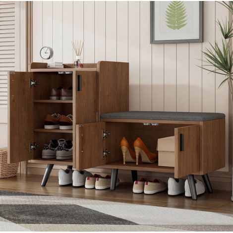 Zapatero con banco, 4 puertas, 120 x 34 x 82,8 cm, madera y metal, natural OKMYHOME (1/5)