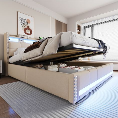 Bett Mit Bettkasten 180x200 cm Mit Hochklappbarem Lattenrost, Beiger Stoff (1/5)
