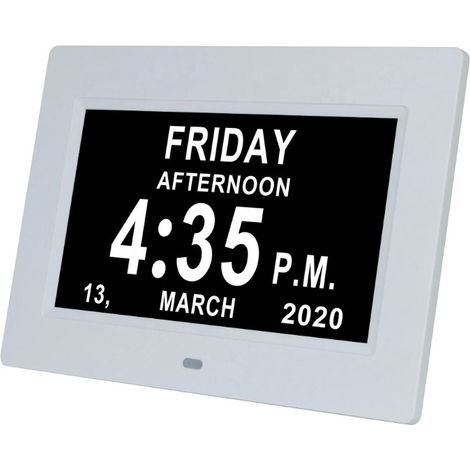 Digitaler 7-Zoll-Wecker mit automatischer Helligkeitsanpassung, geräuschlosem LCD-Display und Anzeige von Luftfeuchtigkeit und Temperatur für Erwachsene, Kinder und Menschen mit Alzheimer (weiß) – 1 S
