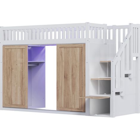 CAIziLit mezzanine pour enfant (90 x 200 cm), lit multifonction avec armoire et escalier de rangement, bande lumineuse colorée, sans matelas, blanc et coloris chêne (1/5)
