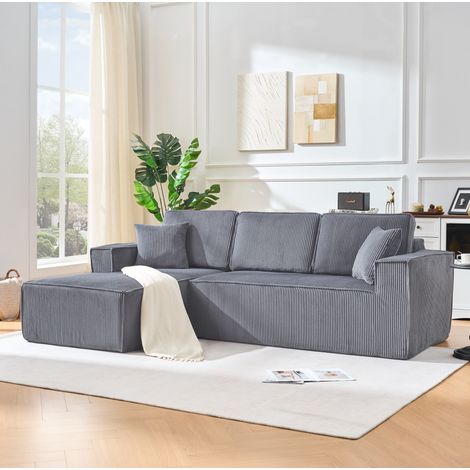 Divano angolare letto modulare in velluto a coste (panno) grigio, da 2 posti con chaise longue (1/5)