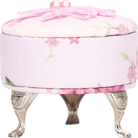 Pouf miniature pour maison de poupée, boîte de rangement à couvercle ouvrant en tissu doux, dentelle fleurie rose, accessoire de mobilier pour bijoux (1/5)