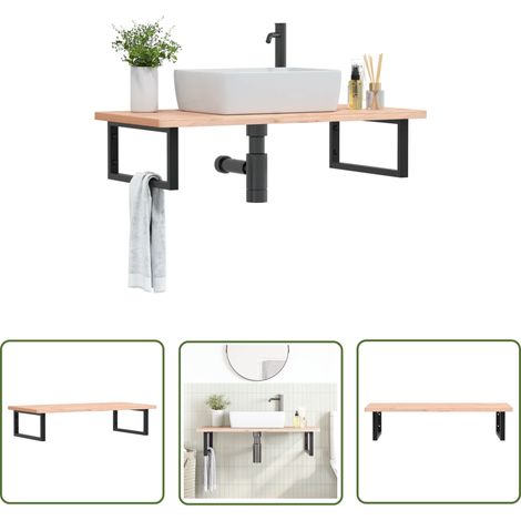 The Living Store Étagère de vasque murale acier et bois massif de hêtre - Meuble De Salle De Bain - Étagère Murale - Étagère De Lavabo - Meuble Suspendu - Rangement Salle De Bain (1/5)