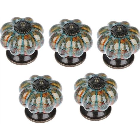 5 tiradores de cerámica estilo europeo para cajón, con forma de calabaza azul vintage, con tornillos