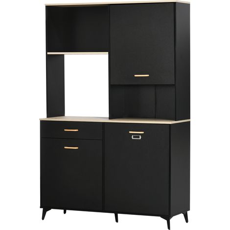 Armoire de cuisine avec tiroir, étagères et support micro-ondes, moderne, noir 119x41x180cm