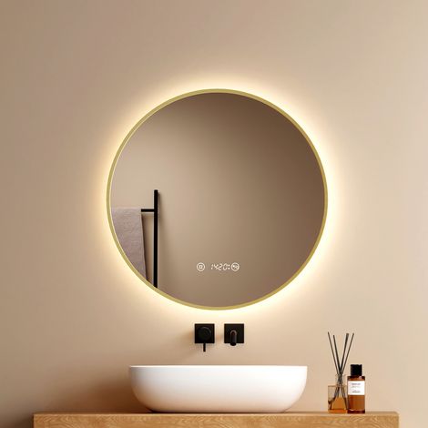EMKE Miroir rond LED 60 cm pour salle de bain avec cadre doré, éclairage neutre dimmable, fonction anti-buée, écran avec horloge et température, commande tactile avec mémoire