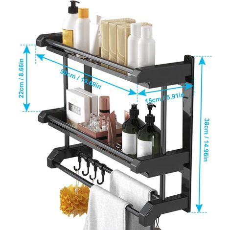 Stainless steel wall-mounted storage shelf for bathroom, towel rack, toilet, kitchen, hanging accessories, double layer, black, 50 cm (1/5)