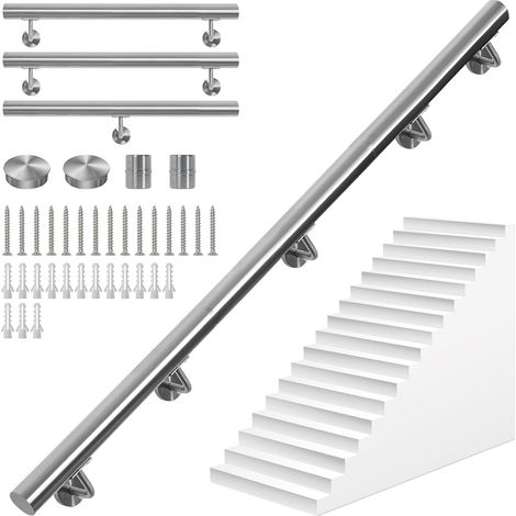 300CM Main Courante pour Escaliers en Acier Inoxydable, rond Ø 42 mm, Rampe d'Escalier Murale avec Support, Intérieure/Extérieure Main Courante pour Escaliers/Grenier/Terrasse/Porche et Garage (1/5)