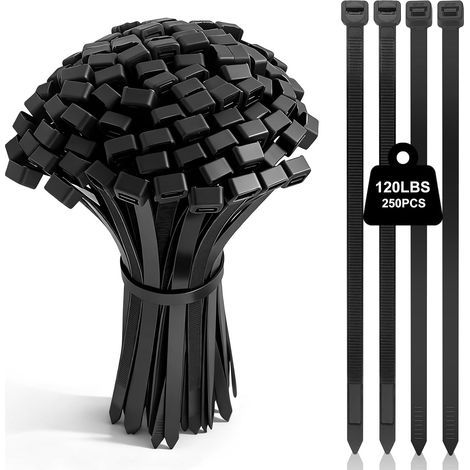 Pack of 250 heavy-duty black cable ties - 200 mm x 7.6 mm long - 55 kg tensile strength - For indoor and outdoor use - UV resistant (1/5)