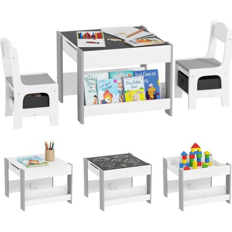 Ensemble 3 pièces table et 2 chaises pour enfant avec plateau réversible tableau noir, panier de rangement, étagères (1/5)