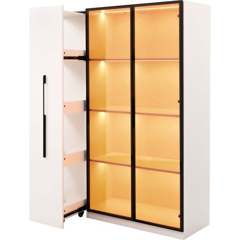 Hohe Vitrine aus weißem MDF 110,5 x 35 x 160 cm mit Glastüren, LED und Seitenfach (1/5)