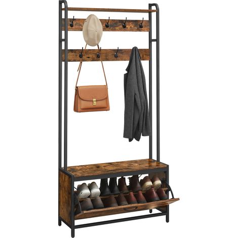 Meuble d’Entrée avec Banc, 9 Crochets et Étagère, Porte-Manteaux, Vestiaire, pour Couloir, Chambre, Style Industriel, Marron Rustique et Noir HSR405B01 (1/5)