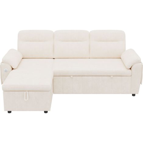 Sofá Esquinero Convertible de 3 a 4 Plazas con Chaise Longue Reversible, Almacenaje, USB y Type-C, Chenilla Beige (1/5)