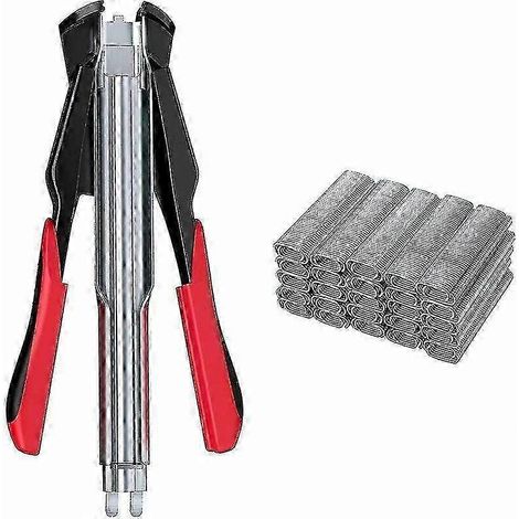 Pince à circlips automatique avec 100 anneaux galvanisés en C pour agrafes de clôture, grillages, filets et cages (1/5)