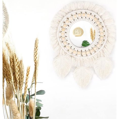 Wall Mirrors, Round Hanging Mirror with Handmade Macrame Fringe, Boho Antique Mirror, Wall Decor, Nordic Mirror, Cotton Rattan Round Mirror, Home Accessories (1/5)