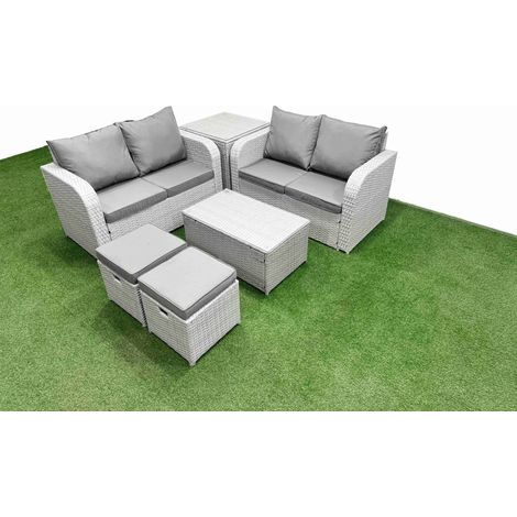 Fimous 6 Seater Outdoor Love Sofa Set Rattan Garden Furniture Set with Rectangular Coffee Table 2 Small Stools Side Table Light Grey (1/4)