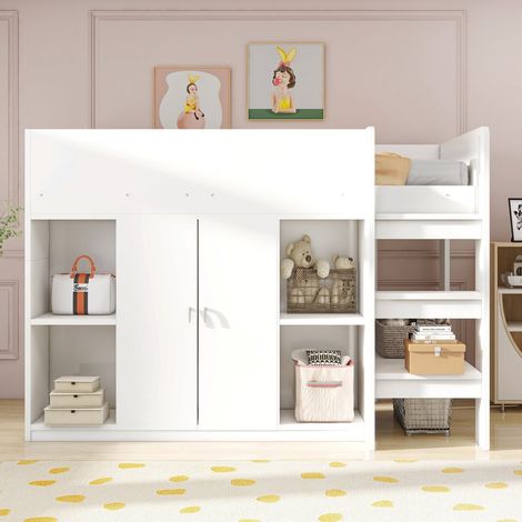 Lit mezzanine 90x200 cm blanc avec rangements, armoire, étagères et échelle sécurisée (1/5)