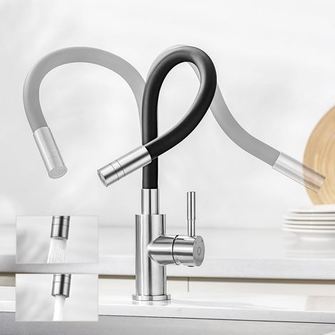 Flexible Mitigeur Cuisine Noir, Robinet Cuisine avec 2 Types de Jets, Robinetterie de Cuisine, Robinet de Cuisine Rabattable, Robinet Noir avec Eau Chaude et Froide, Mitigeur Pivotant à 360° (1/5)
