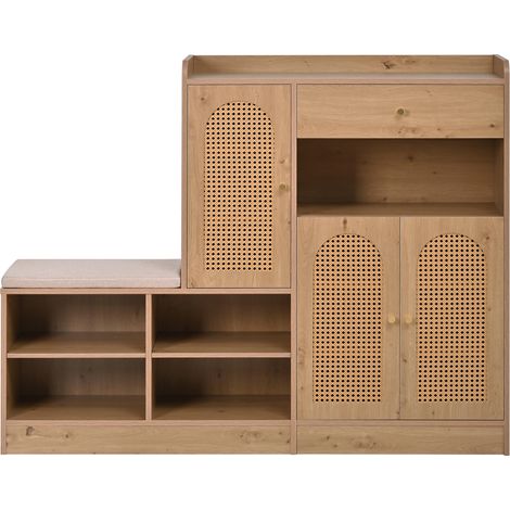 Zapatero con banco, puertas de ratán, cajón, efecto madera, natural, 142 x 35 x 110 cm (1/5)