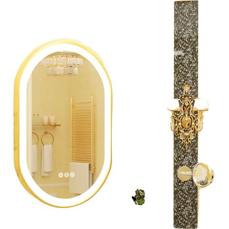 Miroir de Salle de Bain Ovale LED, Cadre Doré, Lumière Dimmable (1/2)