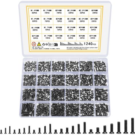1240 Pcs Kit de Vis de Réparation Minuscule Micro Visserie, Petites Visserie pour Lunettes, Mini Vis à Tête Fraisée à Tête Plate, Boulons Mécaniques pour Montres Lunettes(noir 1240) (1/5)