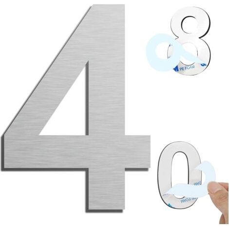 QORVA-Argent (4) Numéro de maison extérieur moderne brossée，75mm Numéro de porte autocollant en acier inoxydable，Plaque de numéro de maison et Numéro de Boite aux Lettres.
