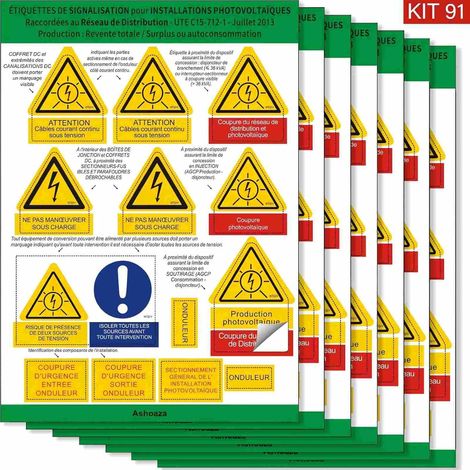 Kit 91 Étiquettes Photovoltaïques UTE C15-712-1 – 7 Feuilles A4 Prédécoupées – Signalisation Solaire Avec/Sans Batterie (1/5)