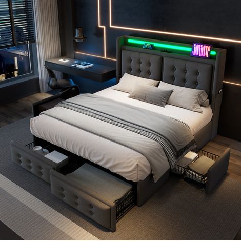 Letto matrimoniale 220x188x106 cm, con LED e funzione di ricarica, 4 cassetti, tessuto cotone lino grigio (1/5)