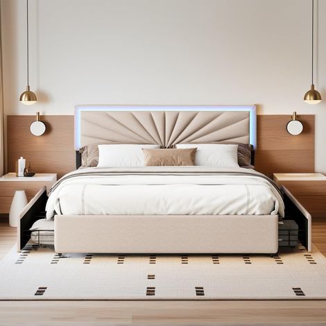 Lit Double Capitonné 160x200cm,Cadre de lit Double avec Éclairage LED,LIT 2 Personnes avec 4 Tiroirs de Rangement,Tête de Lit Éclairage LED,Sommier à Lattes,sans Matelas, Beige (1/5)