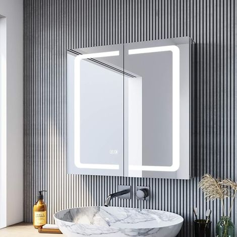 SONNI armario con espejo baño con iluminación 60 cm de ancho acero inoxidable armario con espejo baño armario con espejo con iluminación y enchufe interruptor táctil inalámbrico bisagra de diseño (1/5)