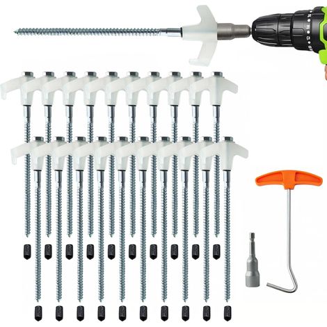 Lot de 20 piquets de tente robustes à visser avec adaptateur de perceuse - Ancrages au sol de 20,3 cm pour camping, auvent, tonnelle, auvents et accessoires d'extérieur (1/5)