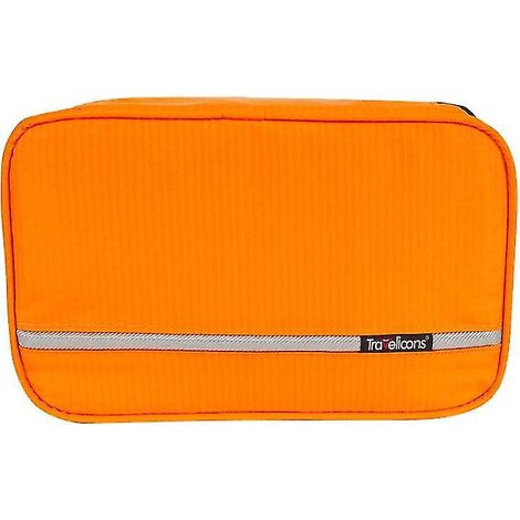 Trousse de toilette suspendue pour voyage, idéale pour ranger vos produits de toilette, cosmétiques et maquillage. Crochet de suspension robuste. Pochette de douche - noir et orange. (1/4)