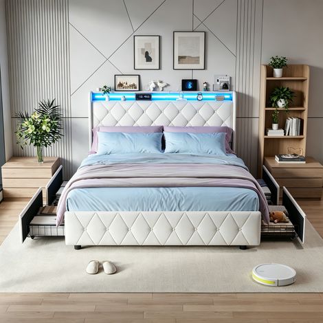 JOOKGBD-Lit Coffre 160x200 cm avec LED et Port USB,Lit Double Rembourré cm avec Sommier et Rangement et Tête de lit,lit adolescent avec tiroirs de rangement,pour Adulte Adolescent,Velours,Beige (1/5)