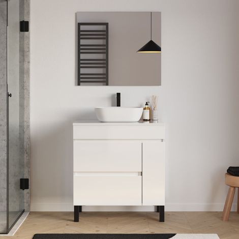 Meuble de salle de bain 70cm avec plateau et vasque à poser arrondie - porte et tiroirs - blanc brillant - LAZARO (1/5)