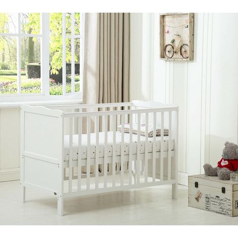 MCC Wooden Baby Cot Bed "Orlando" & Aloe Vera Water repellent Mattress WHITE (1/5)