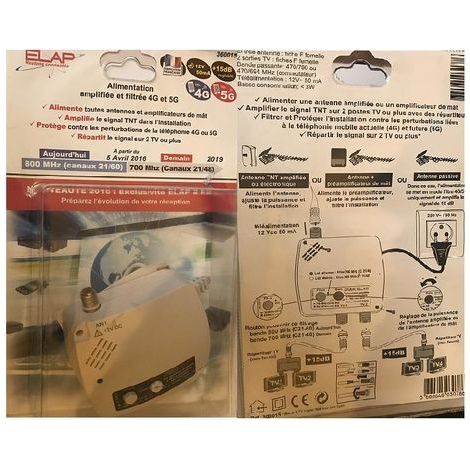 Alimentation Amplifiée Filtrée 220 / 12V ELAP 360016 - 50mA Pour Préamplificateur TV, 3 Sorties TV + Filtre 5G LTE 700 MHz + Réglage