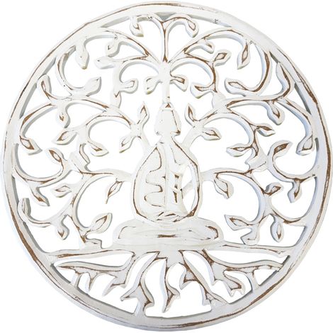 Décoration murale Arbre Bouddha en bois blanc patiné  30 cm (1/2)