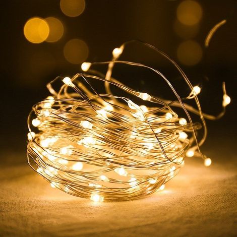 Battery-powered copper wire string lights, perfect for bedrooms, parties, holidays, and more. (1 meter, 10 bulbs, warm light) (1/5)