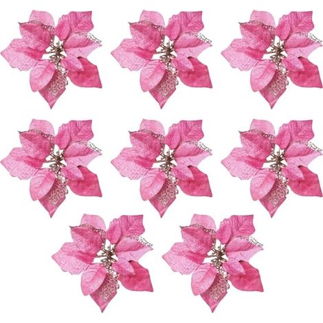 Lot de 8 décorations de sapin de Noël en soie de 20 cm, poinsettias dorés et rouges, fleurs artificielles à paillettes rouges. (1/5)