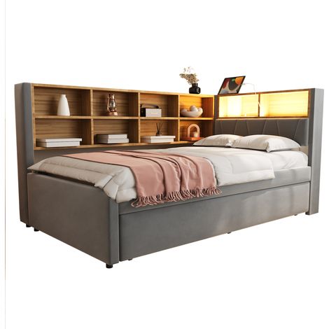 Canapé-lit 90x200, lit escamotable 90x190, équipé de lampes LED, prises et nombreux rangements, canapé convertible matelassé, lit une place, en flanelle gris foncé. (1/5)